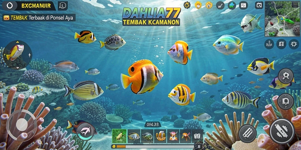 Screenshot permainan Tembak Ikan DAHLIA77 dengan ikan yang berwarna-warni.