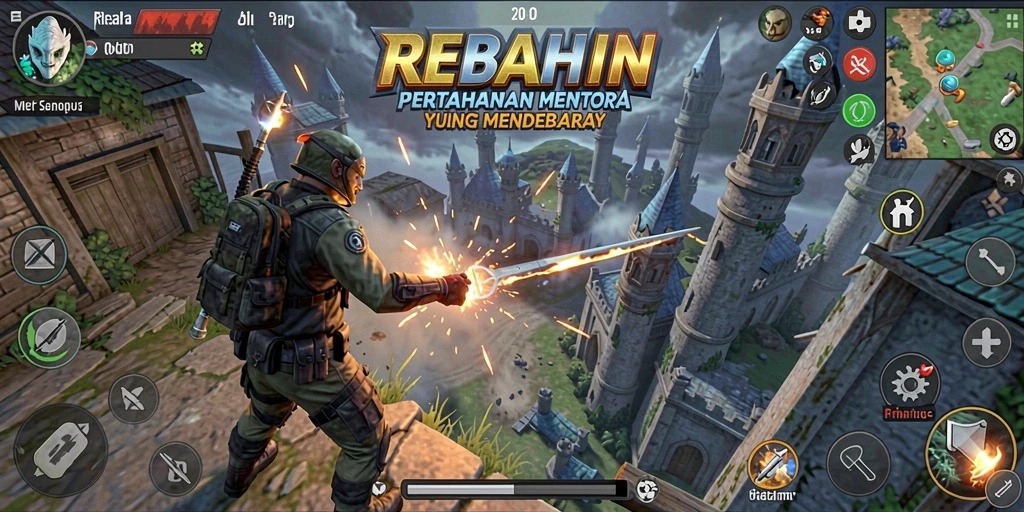 Tampilan Menara Pertahanan dalam Gameplay REBAHIN yang Menegangkan.